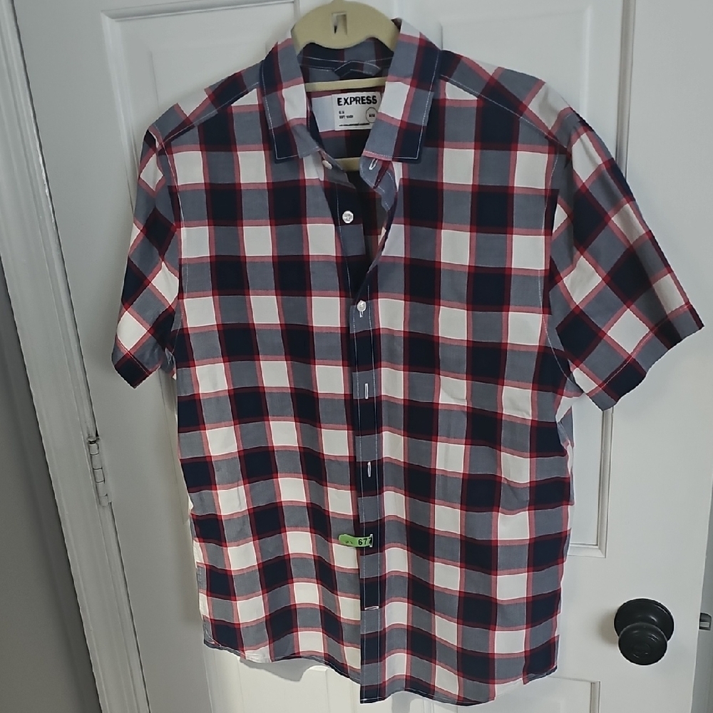 Express Men’s Short-Sleeve Slim Fit Plaid Button-Down Shirt - Navy/White/Red